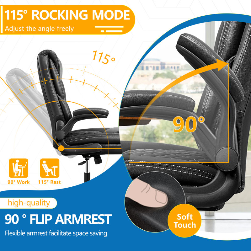 Latitude Run® Marama Ergonomic Leather Office Chair with Flip-Up